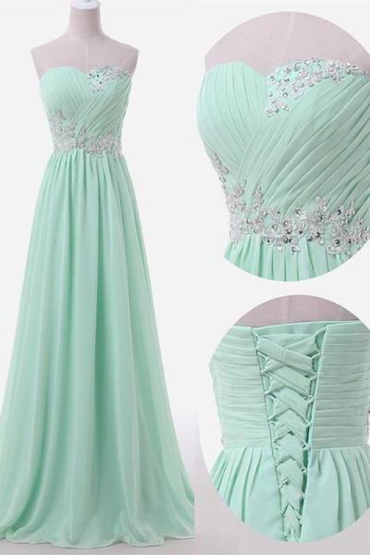 Sweetheart Sky Blue Chiffon Prom Dresses Lace Beading Sweep Train Bridesmaid Dresses