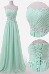 Sweetheart Sky Blue Chiffon Prom Dresses Lace Beading Sweep Train Bridesmaid Dresses