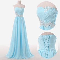 Sweetheart Sky Blue Chiffon Prom Dresses Lace Beading Sweep Train Bridesmaid Dresses