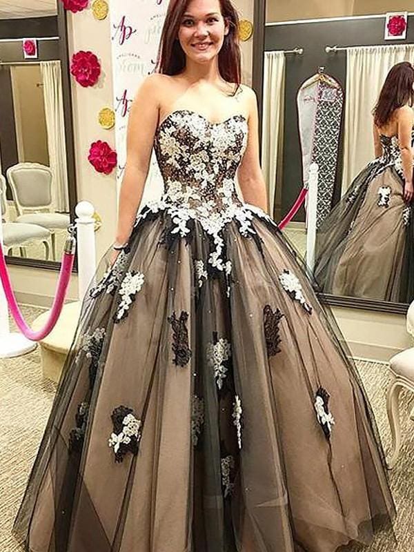 Sweetheart With Applique Floor-Length Tulle Prom Dresses