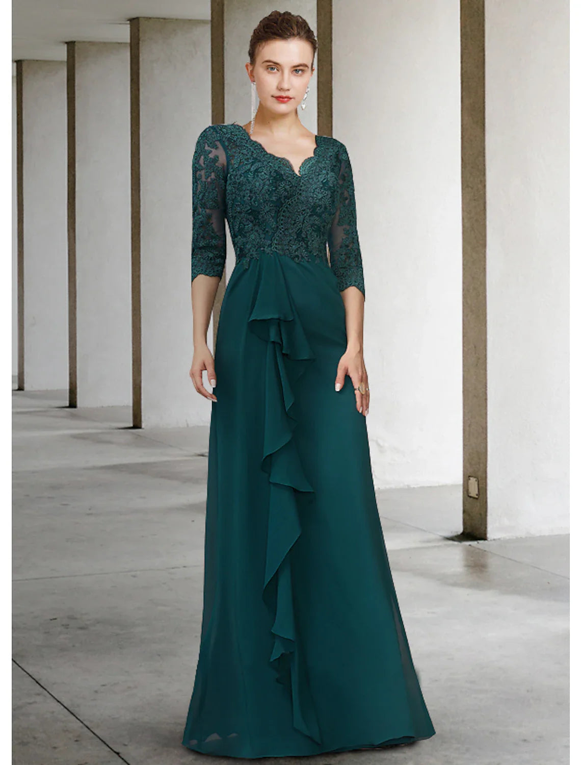 Aimishang  A-Line Mother of the Bride Dress Elegant V Neck Floor Length Chiffon Lace Half Sleeve with Draping Appliques