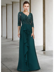 Aimishang  A-Line Mother of the Bride Dress Elegant V Neck Floor Length Chiffon Lace Half Sleeve with Draping Appliques