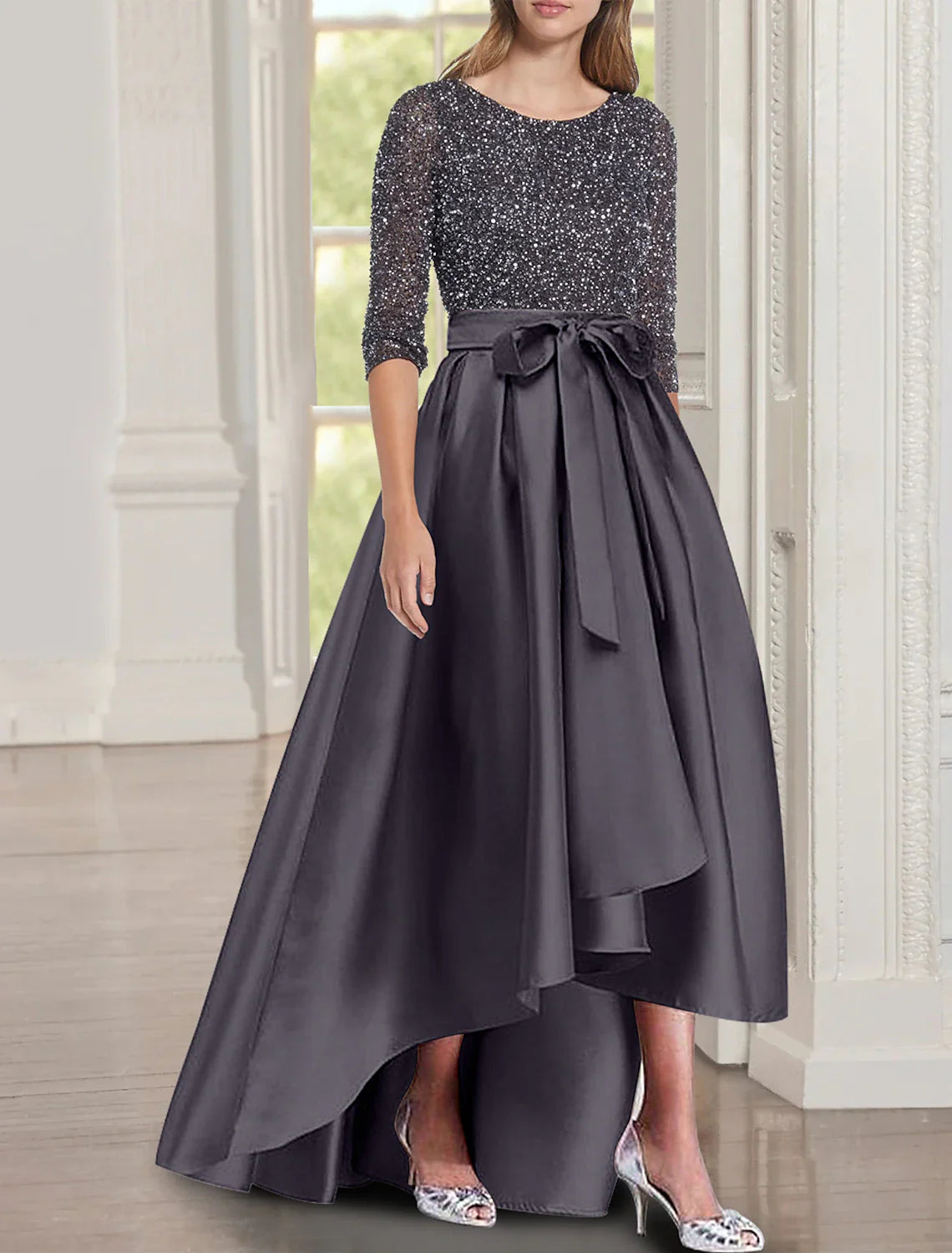 Aimishang A-Line Mother of the Bride Dress Wedding Guest Elegant Scoop Neck Asymmetrical Satin Half Sleeve with Bow(s) Sequin Ruching