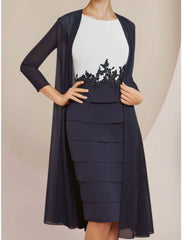 Aimishang  Two Piece Sheath / Column Mother of the Bride Dress Wedding Guest Elegant Petite Scoop Neck Knee Length Chiffon Lace Long Sleeve with Ruching
