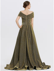 A-Line Evening Gown Elegant Dress Formal Sweep / Brush Train Sleeveless Sweetheart Charmeuse with Glitter Slit