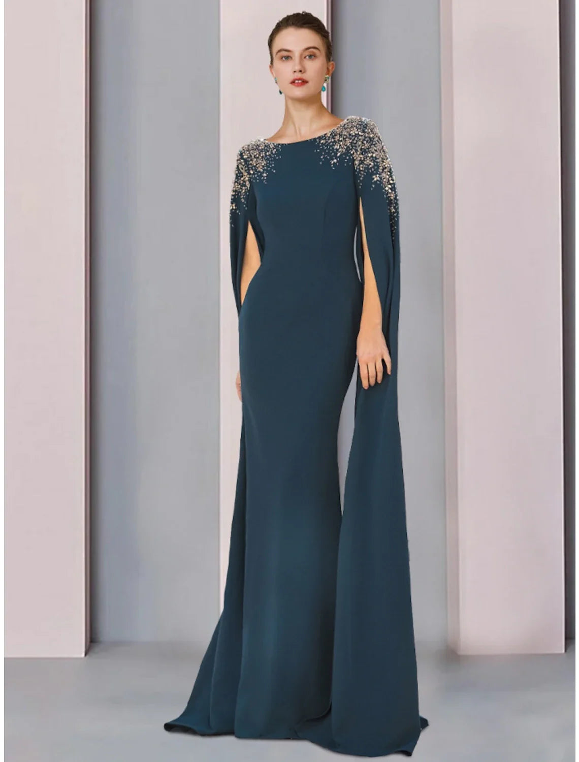 Aimishang Mermaid / Trumpet Mother of the Bride Dress Wedding Guest Elegant Scoop Neck Sweep / Brush Train Stretch Chiffon Long Sleeve with Sequin Ruching