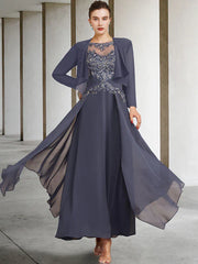 Two Piece A-Line Plus Size Curve Mother of the Bride Dress Elegant Jewel Neck Ankle Length Chiffon Lace Short Sleeve Wrap Included with Ruched Appliques
