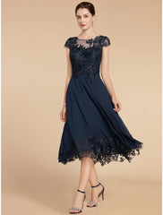 Aimishang  A-Line Mother of the Bride Dress Wedding Guest Elegant Petite Scoop Neck Tea Length Chiffon Lace Cap Sleeve with Sequin Ruching Solid Color