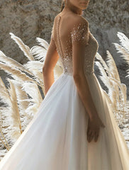 Wholesale Beach Formal Wedding Dresses A-Line Off Shoulder Short Sleeve Court Train Chiffon Bridal Gowns With Pleats Beading