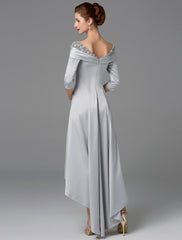 Aimishang A-Line Mother of the Bride Dress Sparkle & Shine High Low Off Shoulder Asymmetrical Satin Half-Sleeve with Lace Crystals