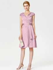 Aimishang A-Line Mother of the Bride Dress Elegant V Neck Knee Length Satin Chiffon Short Sleeve No with Sash / Ribbon Pleats Beading