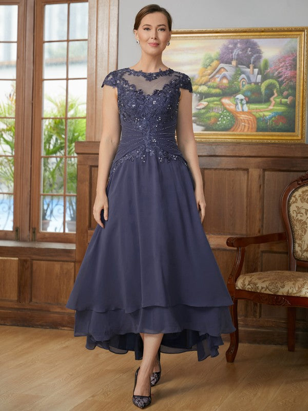 Aimishang A-Line/Princess Chiffon Applique Scoop Short Sleeves Asymmetrical Mother of the Bride Dresses