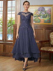 Aimishang A-Line/Princess Chiffon Applique Scoop Short Sleeves Asymmetrical Mother of the Bride Dresses