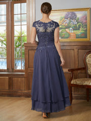 Aimishang A-Line/Princess Chiffon Applique Scoop Short Sleeves Asymmetrical Mother of the Bride Dresses