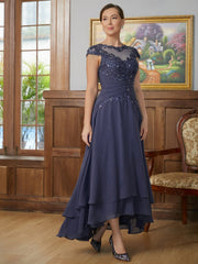 Aimishang A-Line/Princess Chiffon Applique Scoop Short Sleeves Asymmetrical Mother of the Bride Dresses