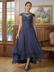 Aimishang A-Line/Princess Chiffon Applique Scoop Short Sleeves Asymmetrical Mother of the Bride Dresses