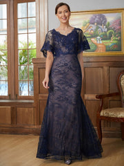 Aimishang Sheath/Column Silk like Satin Lace V-neck Short Sleeves Floor-Length Mother of the Bride Dresses