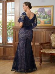 Aimishang Sheath/Column Silk like Satin Lace V-neck Short Sleeves Floor-Length Mother of the Bride Dresses