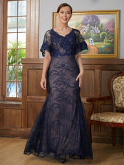 Aimishang Sheath/Column Silk like Satin Lace V-neck Short Sleeves Floor-Length Mother of the Bride Dresses