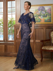 Aimishang Sheath/Column Silk like Satin Lace V-neck Short Sleeves Floor-Length Mother of the Bride Dresses