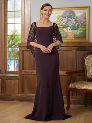 Aimishang Sheath/Column Stretch Crepe Lace Square 1/2 Sleeves Sweep/Brush Train Mother of the Bride Dresses