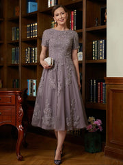 Aimishang A-Line/Princess Chiffon Lace Scoop Short Sleeves Tea-Length Mother of the Bride Dresses