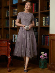 Aimishang A-Line/Princess Chiffon Lace Scoop Short Sleeves Tea-Length Mother of the Bride Dresses