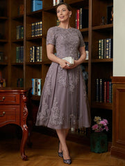 Aimishang A-Line/Princess Chiffon Lace Scoop Short Sleeves Tea-Length Mother of the Bride Dresses