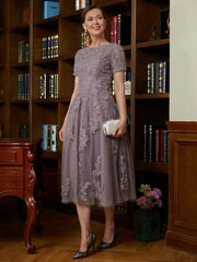 Aimishang A-Line/Princess Chiffon Lace Scoop Short Sleeves Tea-Length Mother of the Bride Dresses