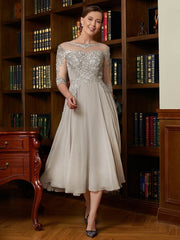 Aimishang A-Line/Princess Chiffon Lace Scoop 3/4 Sleeves Tea-Length Mother of the Bride Dresses