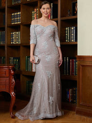 Aimishang Sheath/Column Lace Applique Off-the-Shoulder 3/4 Sleeves Sweep/Brush Train Mother of the Bride Dresses
