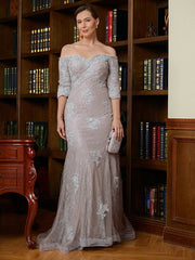 Aimishang Sheath/Column Lace Applique Off-the-Shoulder 3/4 Sleeves Sweep/Brush Train Mother of the Bride Dresses