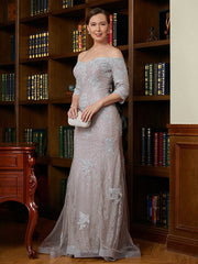 Aimishang Sheath/Column Lace Applique Off-the-Shoulder 3/4 Sleeves Sweep/Brush Train Mother of the Bride Dresses