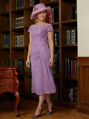 Aimishang Sheath/Column Chiffon Applique Scoop Short Sleeves Tea-Length Mother of the Bride Dresses