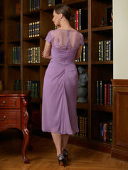 Aimishang Sheath/Column Chiffon Applique Scoop Short Sleeves Tea-Length Mother of the Bride Dresses