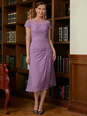 Aimishang Sheath/Column Chiffon Applique Scoop Short Sleeves Tea-Length Mother of the Bride Dresses