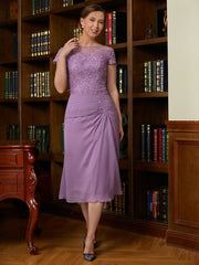 Aimishang Sheath/Column Chiffon Applique Scoop Short Sleeves Tea-Length Mother of the Bride Dresses