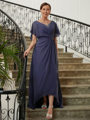 Aimishang A-Line/Princess Chiffon Beading V-neck Short Sleeves Asymmetrical Mother of the Bride Dresses
