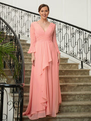Aimishang A-Line/Princess Chiffon Ruched V-neck Long Sleeves Sweep/Brush Train Mother of the Bride Dresses