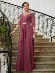 Aimishang A-Line/Princess Chiffon Lace V-neck 3/4 Sleeves Floor-Length Mother of the Bride Dresses