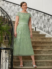 Aimishang A-Line/Princess Tulle Lace Scoop Short Sleeves Tea-Length Mother of the Bride Dresses