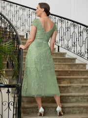 Aimishang A-Line/Princess Tulle Lace Scoop Short Sleeves Tea-Length Mother of the Bride Dresses