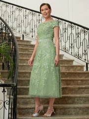 Aimishang A-Line/Princess Tulle Lace Scoop Short Sleeves Tea-Length Mother of the Bride Dresses