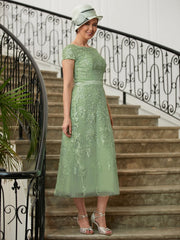 Aimishang A-Line/Princess Tulle Lace Scoop Short Sleeves Tea-Length Mother of the Bride Dresses