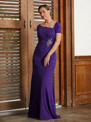 Aimishang Sheath/Column Jersey Beading Square Short Sleeves Floor-Length Mother of the Bride Dresses