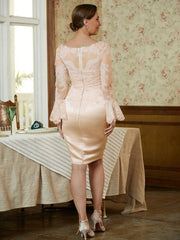 Aimishang Sheath/Column Satin Lace Scoop Long Sleeves Knee-Length Mother of the Bride Dresses