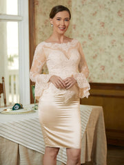 Aimishang Sheath/Column Satin Lace Scoop Long Sleeves Knee-Length Mother of the Bride Dresses