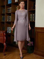 Aimishang Sheath/Column Chiffon Lace Scoop Short Sleeves Knee-Length Mother of the Bride Dresses