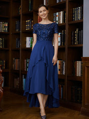 Aimishang A-Line/Princess Chiffon Applique Bateau Short Sleeves Asymmetrical Mother of the Bride Dresses
