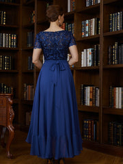 Aimishang A-Line/Princess Chiffon Applique Bateau Short Sleeves Asymmetrical Mother of the Bride Dresses